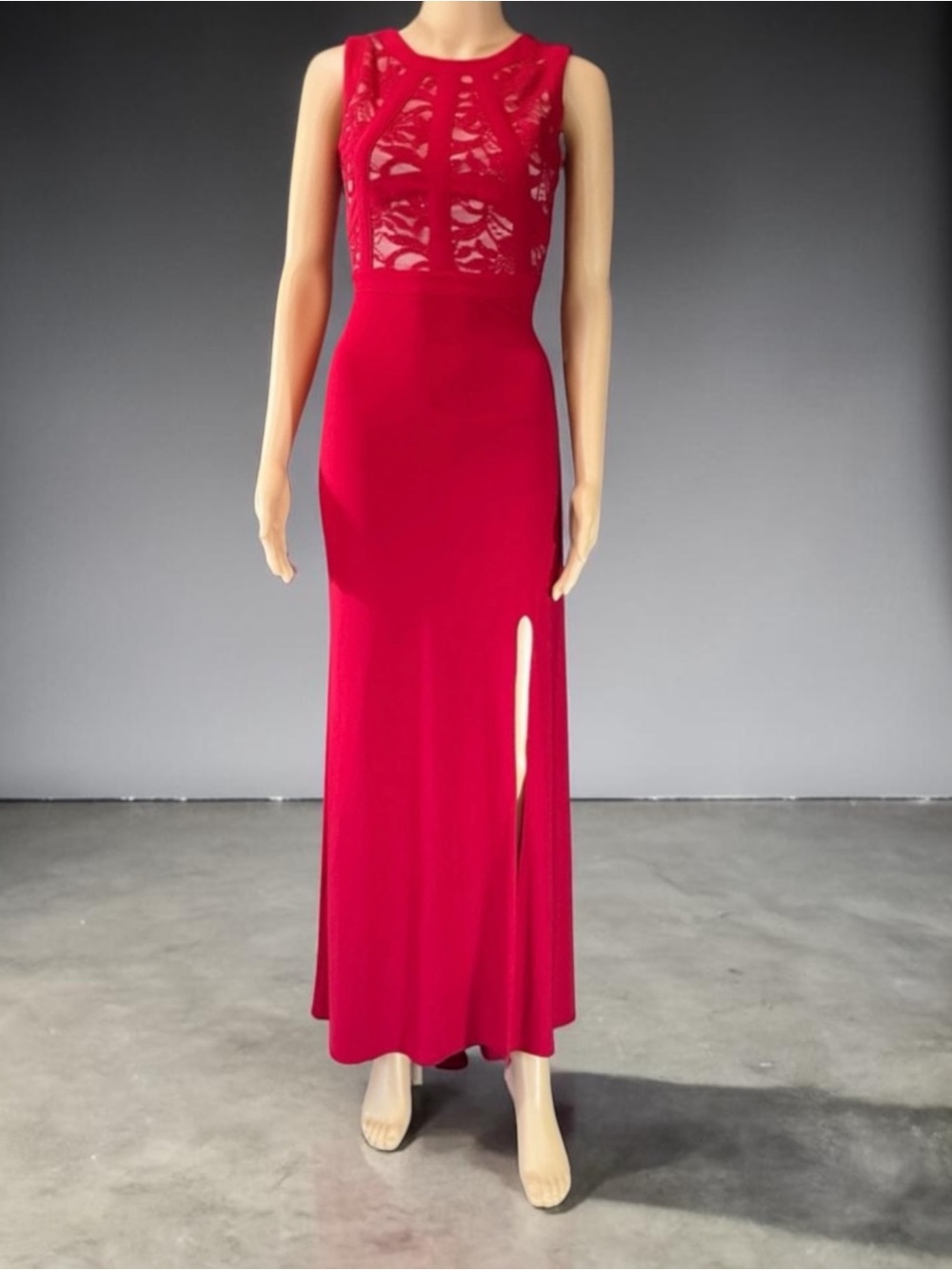 Morgan & Co Illusion Lace Top Long Side Split Sequence Evening Gown Maxi Dress